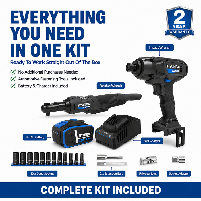 Hyundai 20V Fastening & Assembly Kit - Impact Driver & Ratchet Wrench + 4Amp Battery and Charger - Automotive Fastening Kit
