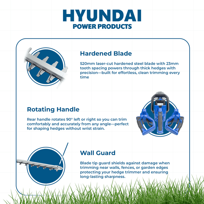 Hyundai 40V Cordless Hedge Trimmer – 520mm Blade, Brushless Motor - SKIN ONLY (HYHT40LI)