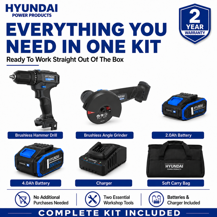 Hyundai 20V Drill & Grind Workshop Combo Kit - Brushless Hammer Drill & Angle Grinder + 2.0Ah & 4.0Ah Batteries and Charger - Metalworking / Workshop Kit