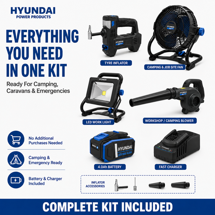 Hyundai 20V Outdoor Adventure Kit - Tyre Inflator, Blower, Fan & LED Work Light + 4Amp Battery and Charger - Outdoor Adventure Kit