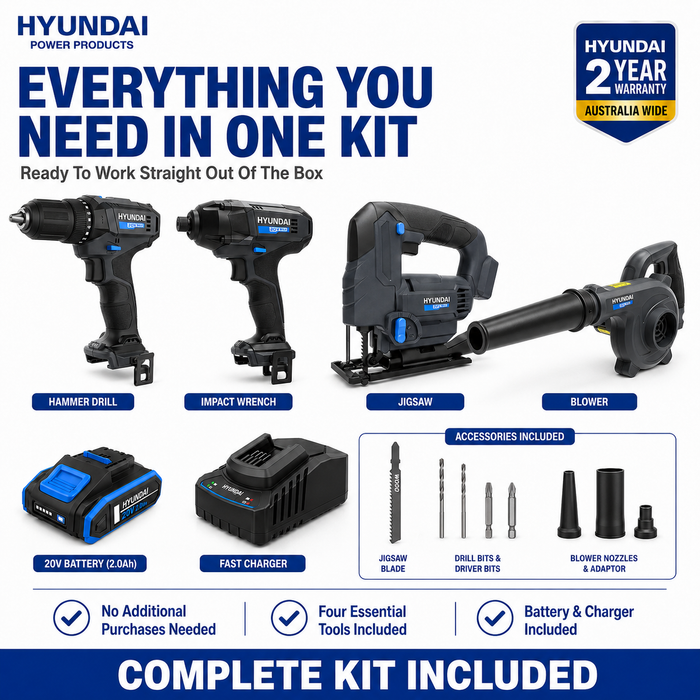Hyundai 20V Ultimate DIY Combo Kit - Hammer Drill, Impact Driver, Jig Saw & Blower + 1 x 2Amp Battery and Charger = Home Renovation Kit