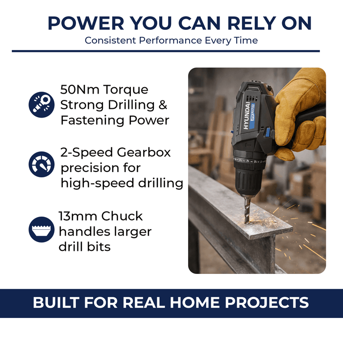 Hyundai 20V Cordless Hammer Drill – 2-Speed, 50Nm Torque, LED - Skin Only