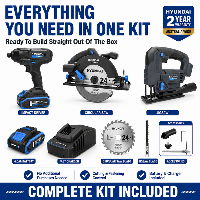 Hyundai 20V Construction & Carpentry Kit - Impact Driver, Circular Saw & Jig Saw + 4Amp Battery + Charger - Builder's Combo Kit