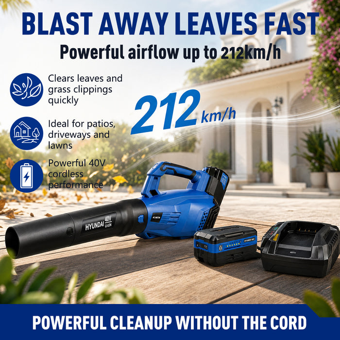 Hyundai 40V Cordless Leaf Blower Kit – 212km/h Power, Battery & Charger Included – Garden, Patio, Driveway & Gutter Cleanup