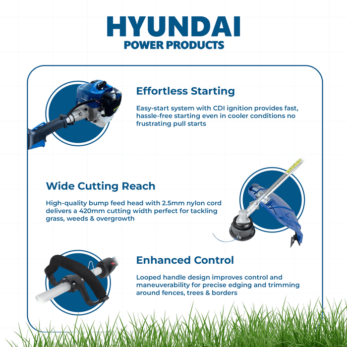 Hyundai 26cc 2-Stroke Petrol Brushcutter – Lightweight Grass Trimmer with Tap & Go Head (HYBC261)