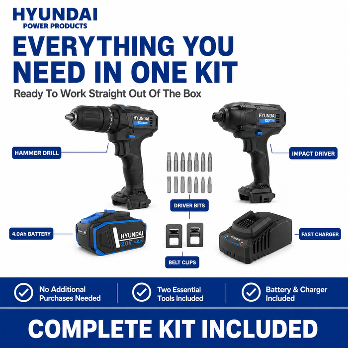 Hyundai 20V DIY & Fastening Combo Kit - Hammer Drill & Impact Driver + 4Amp Battery and Charger - Home Improvement Combo Kit