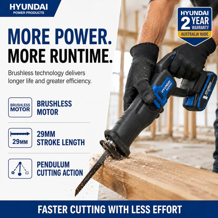 Hyundai 20V Brushless Reciprocating Saw – 300mm Cut, Tool-Free Blade Change - Skin Only