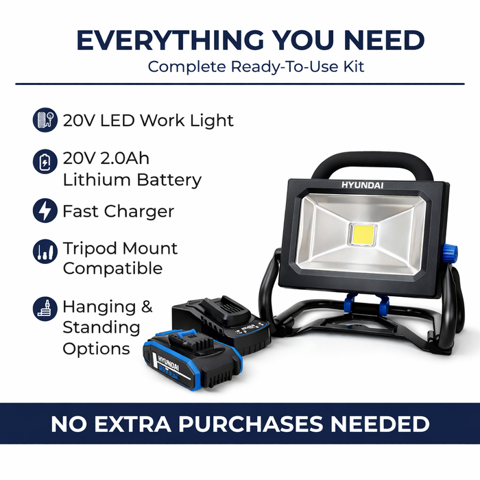 Hyundai 20V Portable LED Work Light Kit – 1600 Lumen Flood Light + 2.0Ah Battery & Fast Charger - DIY, Garage, 4WD & Camping Essential (WL20S-1600/B120-2/C20-2)