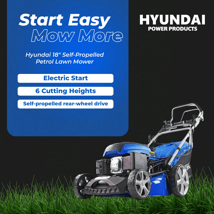 Hyundai 18" Self-Propelled Petrol Lawn Mower – 139cc, Electric Start, 6 Heights, OPC Safety, Hose Connector (HYM460SPE)