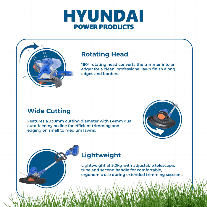 Hyundai 40V Battery Grass Trimmer - 330mm Cutting, Skin Only with Shoulder Strap, Cordless & Rechargeable - SKIN ONLY (HY40ST13)