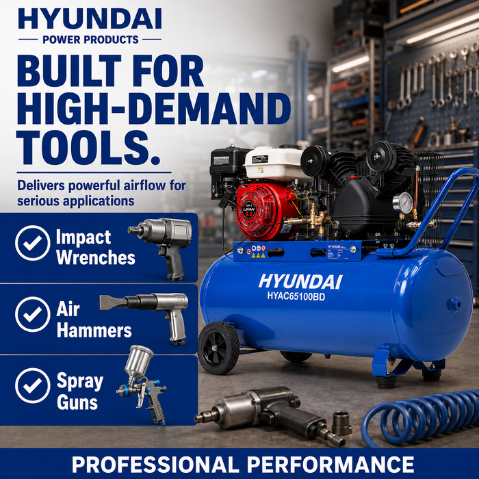 Hyundai 6.5HP Petrol Air Compressor – 100L Tank, 116PSI, Belt Drive, 312L/min, Portable & Heavy-Duty