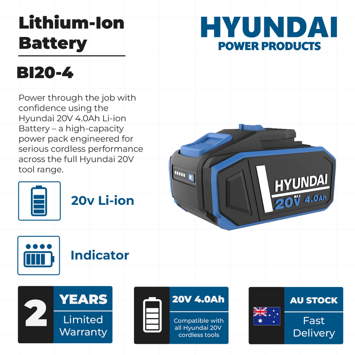 Hyundai 20V 4.0Ah Li-ion Battery – High-Capacity Power Pack for Hyundai Cordless Tools (BI20-4)