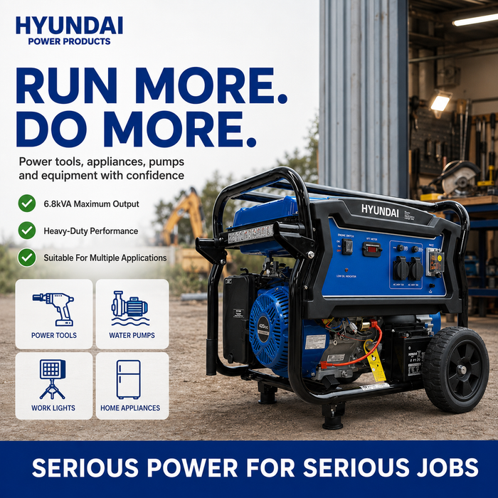 Hyundai 6.8 kVA Portable Petrol Generator — Heavy-Duty Power for Home, Site & Work