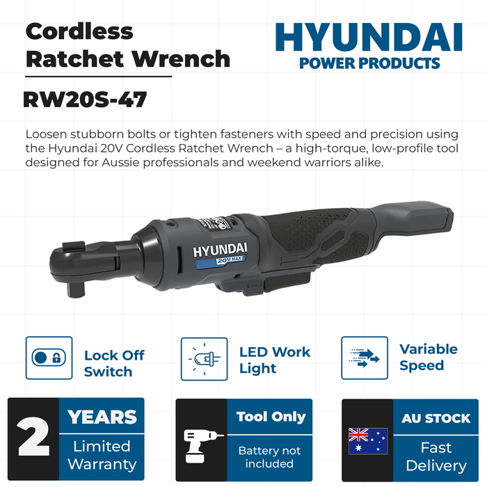Hyundai 20V Cordless Ratchet Wrench – 47Nm, LED, Compact Head, FWD/REV Switch - SKIN ONLY (RW20S-47)
