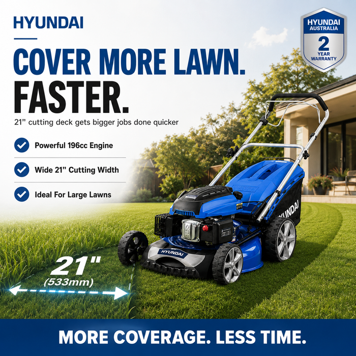 Hyundai 21" Petrol Lawn Mower - Self-Propelled,196cc Engine, Steel Deck, Easy Start, OPC Safety