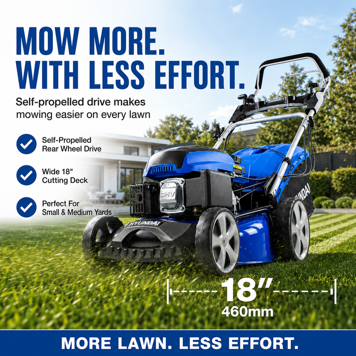 Hyundai 18" Petrol Lawn Mower – Self-Propelled, 139cc, Electric Start, 6 Heights, OPC Safety, Hose Connector
