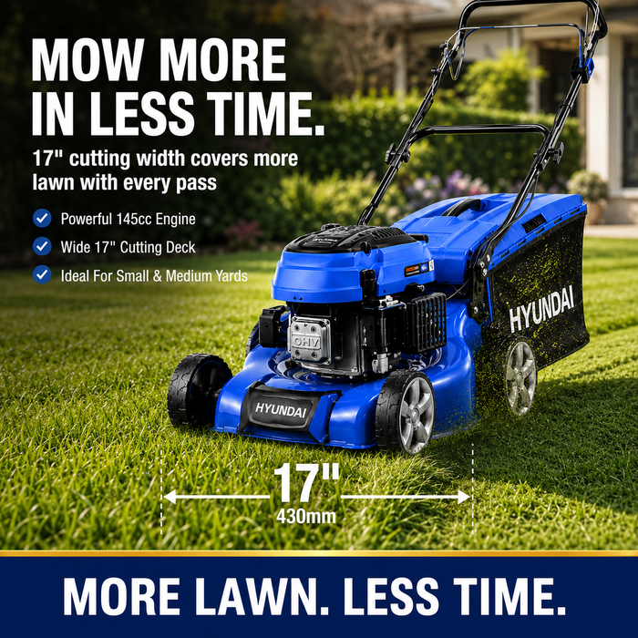 Hyundai 17" Petrol Lawn Mower Push - 145cc Engine, 6 Cutting Heights, Mulching, Compact Foldable Design
