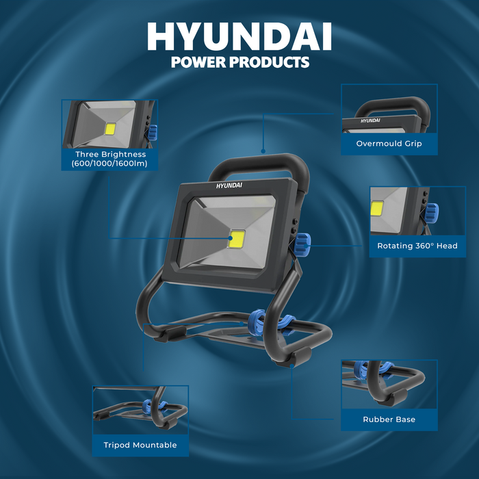 Hyundai 20V LED Work Light – 1600 Lumen, 360° Head, Tripod Mountable, 3-Mode Brightness - SKIN ONLY (WL20S-1600)