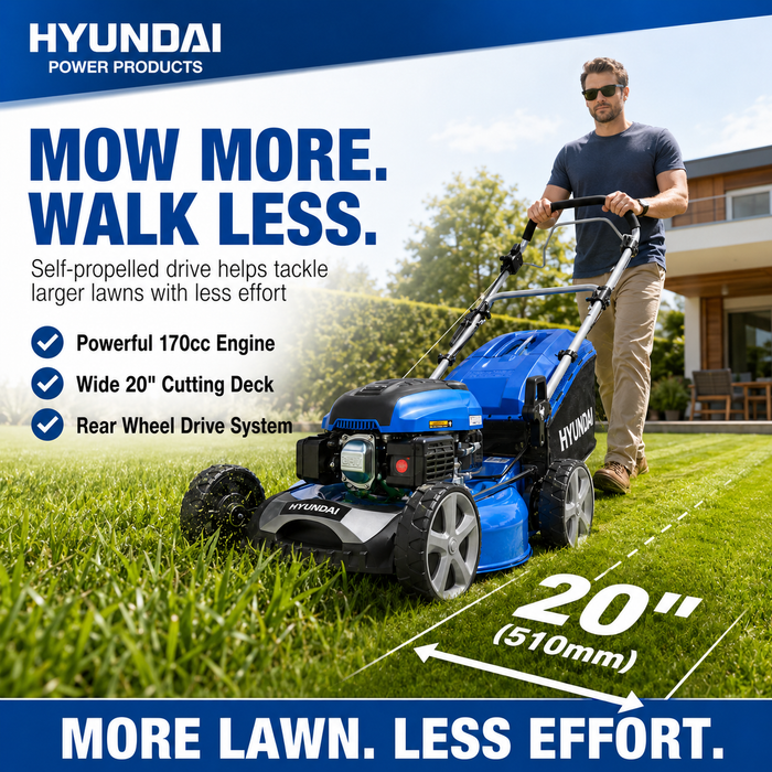 Hyundai 20" Petrol Lawn Mower – Self Propelled, 170cc OHV Engine, Steel Deck, Easy Start, Rear Wheel Drive