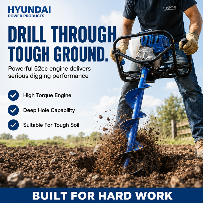 Hyundai 52cc Petrol Earth Auger – 3 Drill Bits, Anti-Vibration Handle, 2-Stroke Engine