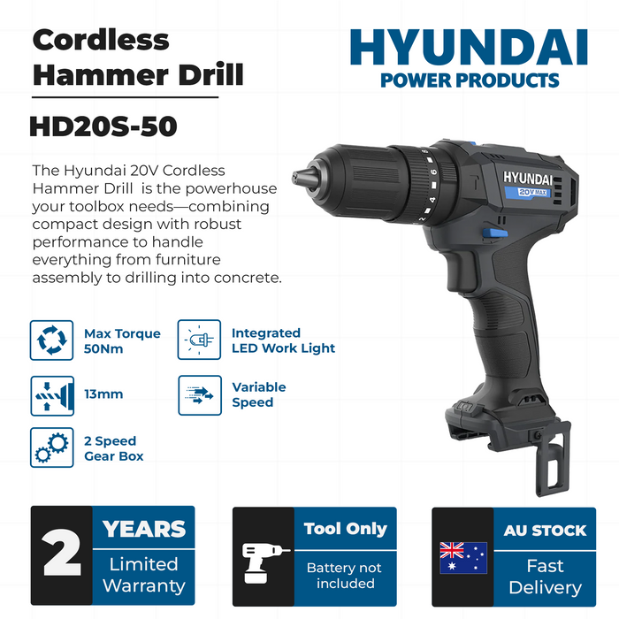 Hyundai 20V Cordless Hammer Drill – 2-Speed, 50Nm Torque, LED - SKIN ONLY (HD20S-50)