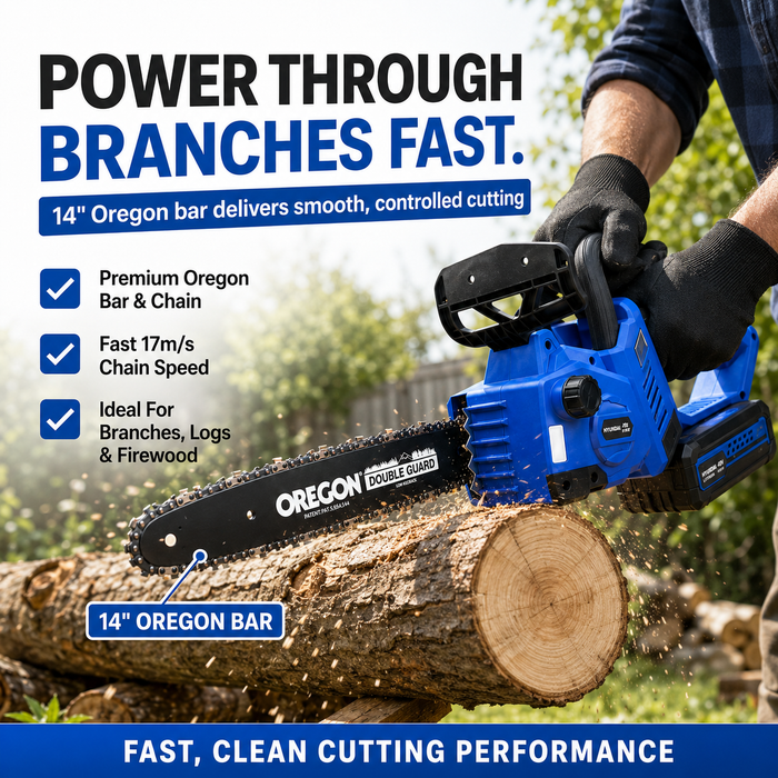 Hyundai 40V Battery Chain Saw Starter Kit– 14" Oregon Bar, 4Ah Battery + Charger, Safe & Eco-Friendly
