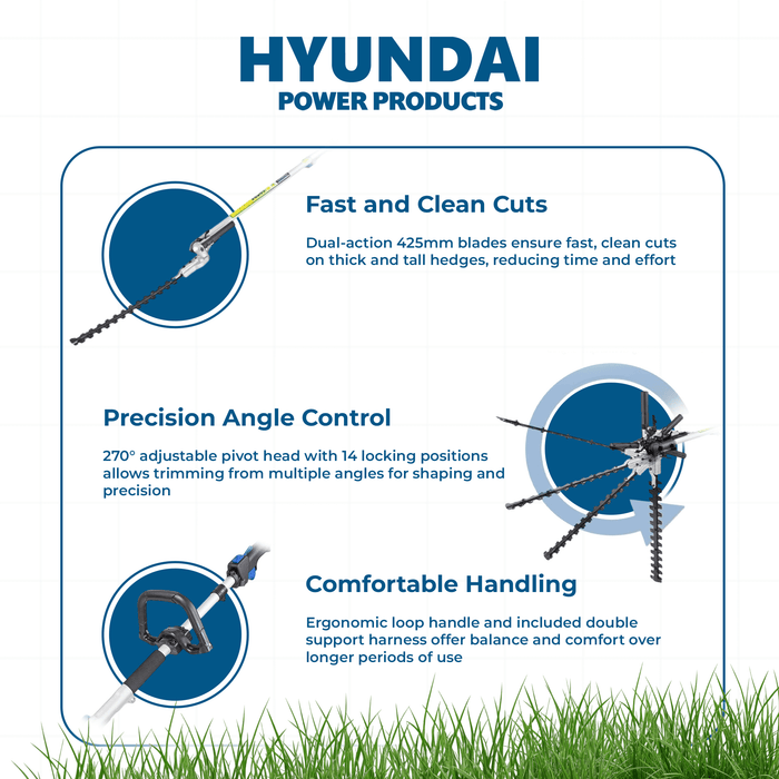 Hyundai 33cc Petrol Pole Hedge Trimmer – 3m Reach, Dual Blade, Pivot Head (HYPT3300)