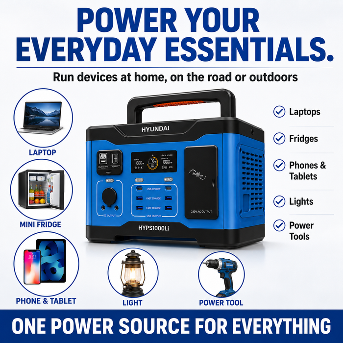 Hyundai 1000W Lithium Power Station – LiFePO4, Solar Input, 921Wh Backup & Outdoor Power