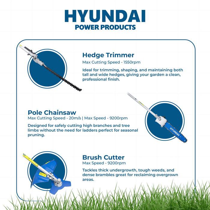 Hyundai 33cc 5-in-1 Petrol Garden Tool Set – Hedge Trimmer, Chainsaw, Brush Cutter & More (HYMT331)
