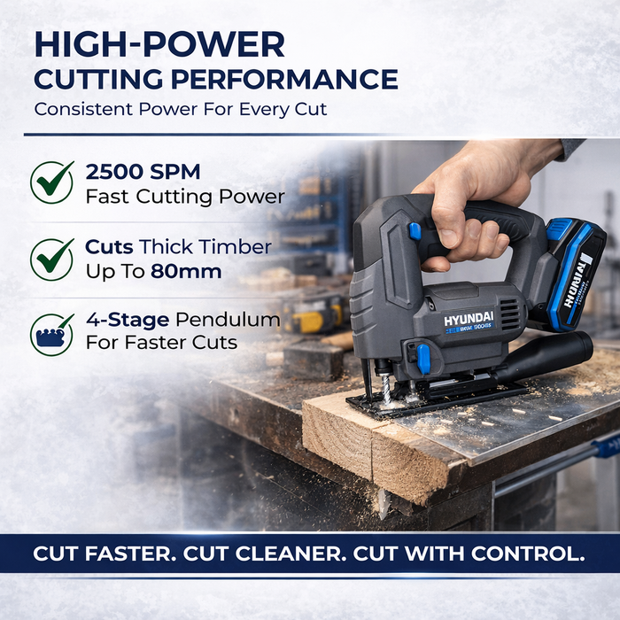 Hyundai 20V Cordless Jig Saw – Variable Speed, Tool-Free Blade, 45° Bevel, Dust Adapter - Skin Only