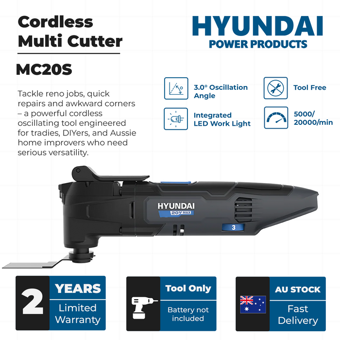 Hyundai 20V Cordless Multi Cutter – Oscillating Tool for Cutting, Scraping, Sanding – SKIN ONLY (MC20S)