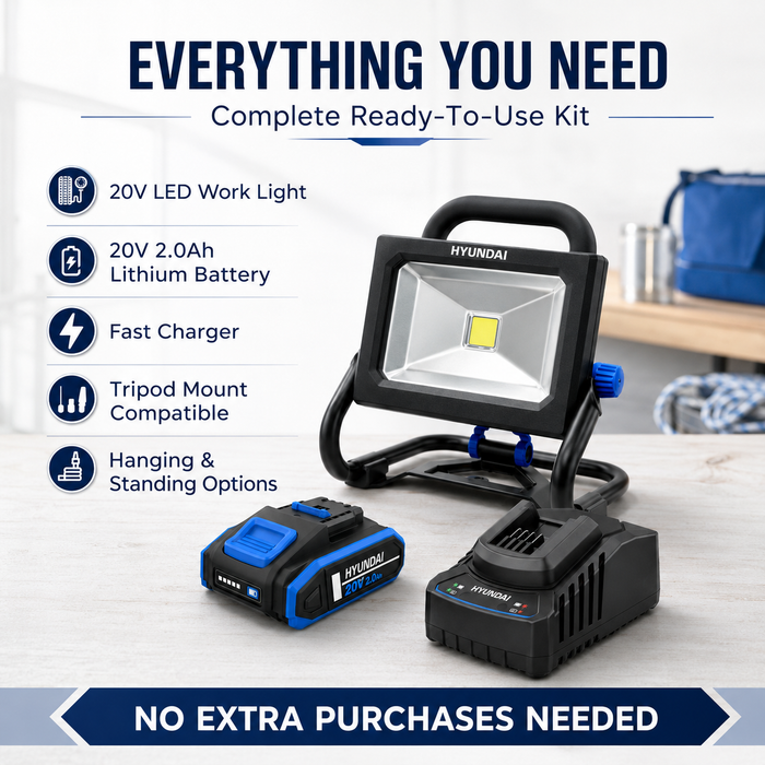 Hyundai 20V Portable LED Work Light Kit – 1600 Lumen Flood Light + 2.0Ah Battery & Fast Charger - DIY, Garage, 4WD & Camping Essential