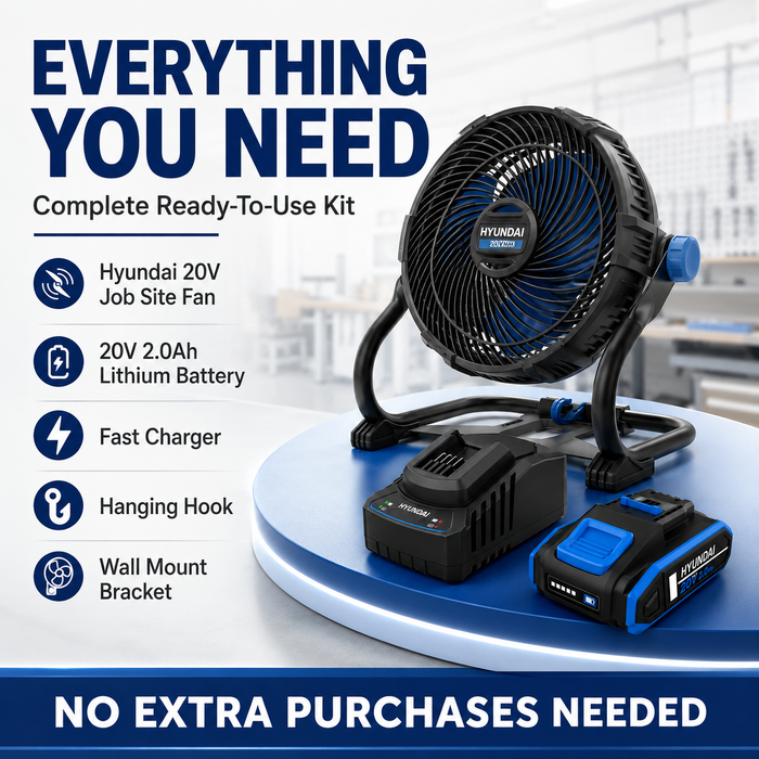 Hyundai 20V Cordless Camping & Job Site Fan Kit – 360° Adjustable Airflow, Dual Speed Cooling for Camping, Workshop & Garage