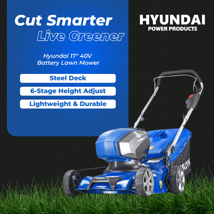 Hyundai 17" 40V Battery Lawn Mower – Steel Deck, 6-Stage Height Adjust, 45L Catcher, Lightweight & Durable - SKIN ONLY (HY42-E40(P))