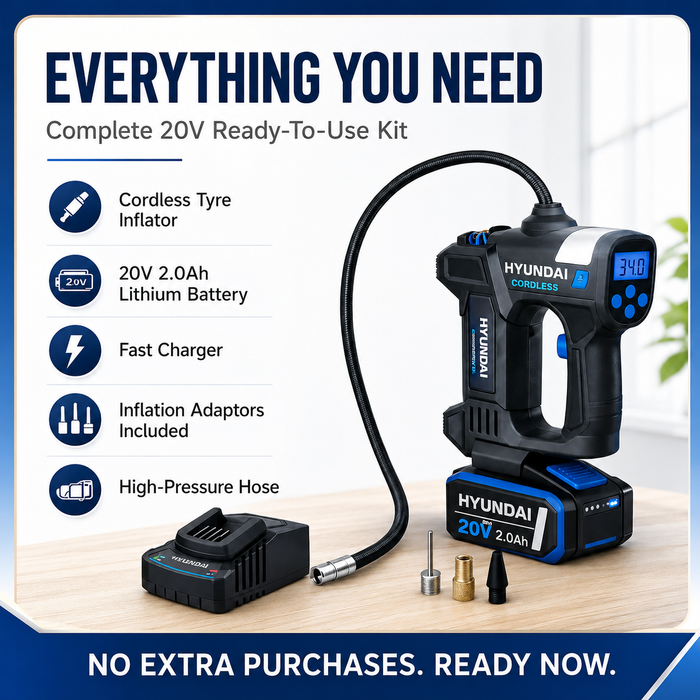 Hyundai 20V Cordless Tyre Inflator Kit – 150 PSI Digital Air Compressor, 2.0Ah Battery &amp; Fast Charger Included – Portable Car, Bike &amp; Camping Inflator