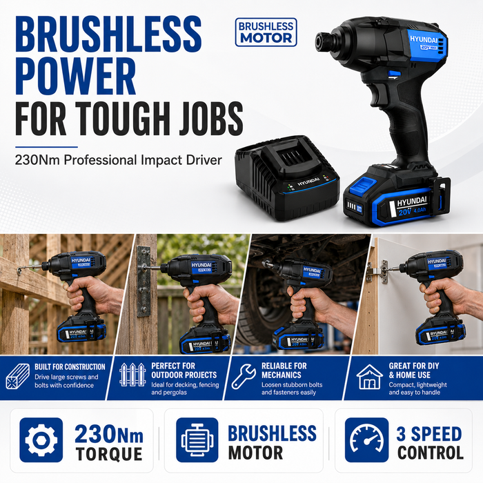 Hyundai 20V Brushless Impact Driver Kit – 230Nm, 3-Speed, LED, 4Ah Battery & Charger
