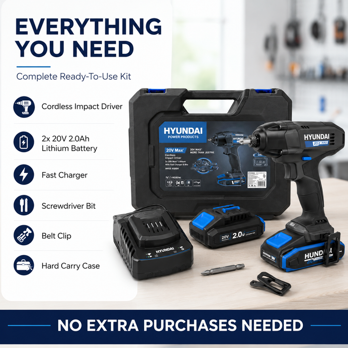 Hyundai 20V Cordless Impact Driver Kit – 180Nm Torque, LED, 2 x 2Ah Battery, 1 x Charger, 1 x Hard Case