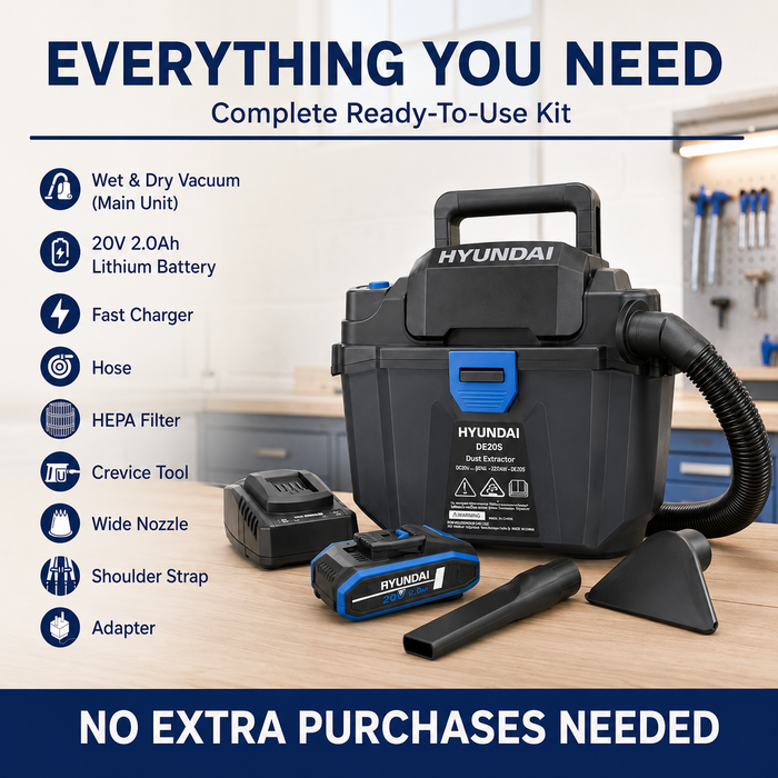 Hyundai 20V Wet & Dry Vacuum Kit – 10L Powerful Suction Car, Garage & Workshop Cleaning