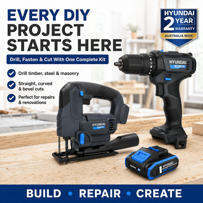 Hyundai 20V Home DIY Starter Kit – Hammer Drill, Jigsaw, 2.0Ah Battery & Fast Charger – Complete Cordless Renovation Kit