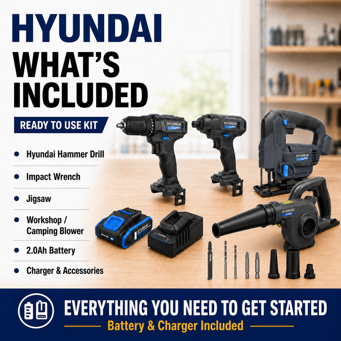 Hyundai 20V Ultimate DIY Combo Kit - Hammer Drill, Impact Driver, Jig Saw & Blower + 1 x 2Amp Battery and Charger = Home Renovation Kit
