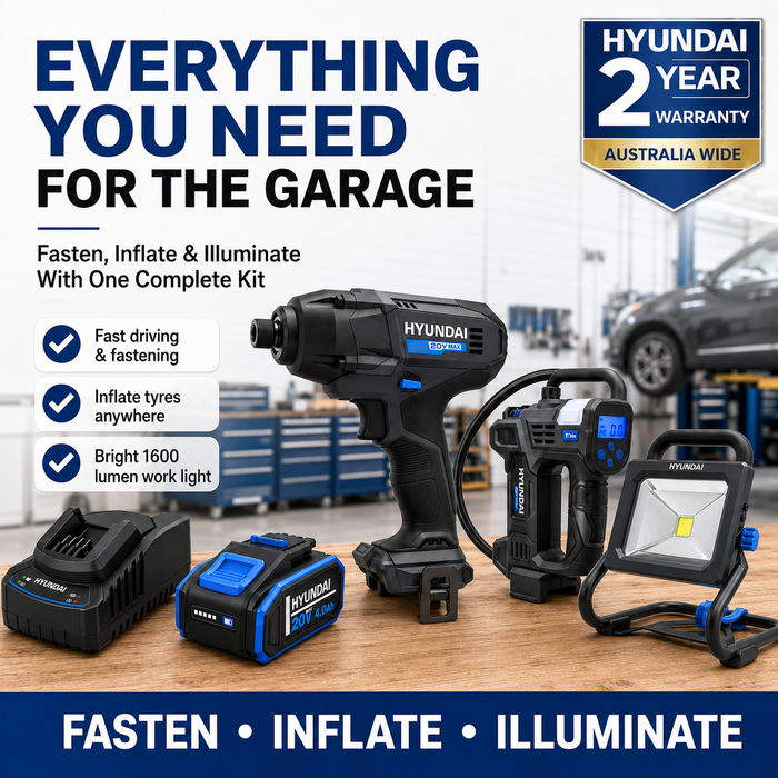 Hyundai 20V Automotive Workshop Kit – Impact Driver, Tyre Inflator, LED Work Light, 4.0Ah Battery & Fast Charger – Complete Garage Kit