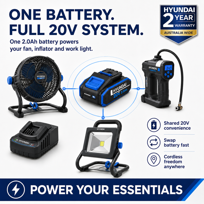 Hyundai 20V Outdoor Power Kit – Fan, LED Work Light, Tyre Inflator, 2.0Ah Battery & Fast Charger – Portable Outdoor Power Kit