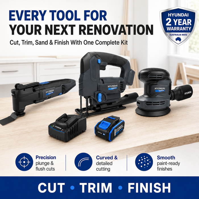 Hyundai 20V Renovation Kit – Multi Tool, Jigsaw, Orbital Sander, 2.0Ah Battery & Fast Charger – Complete Home Renovation Kit