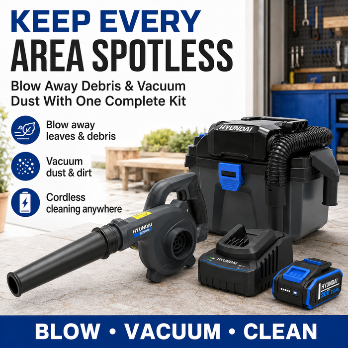 Hyundai 20V Outdoor Cleaning Kit – Workshop Blower, Vacuum, 2.0Ah Battery & Fast Charger – Cordless Garage & Workshop Cleaning Kit
