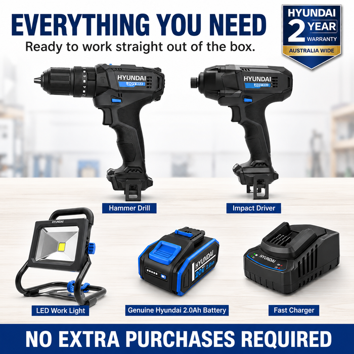 Hyundai 20V Trade Apprentice Kit – Hammer Drill, Impact Driver, LED Work Light, 2.0Ah Battery & Fast Charger – Complete Cordless Starter Kit