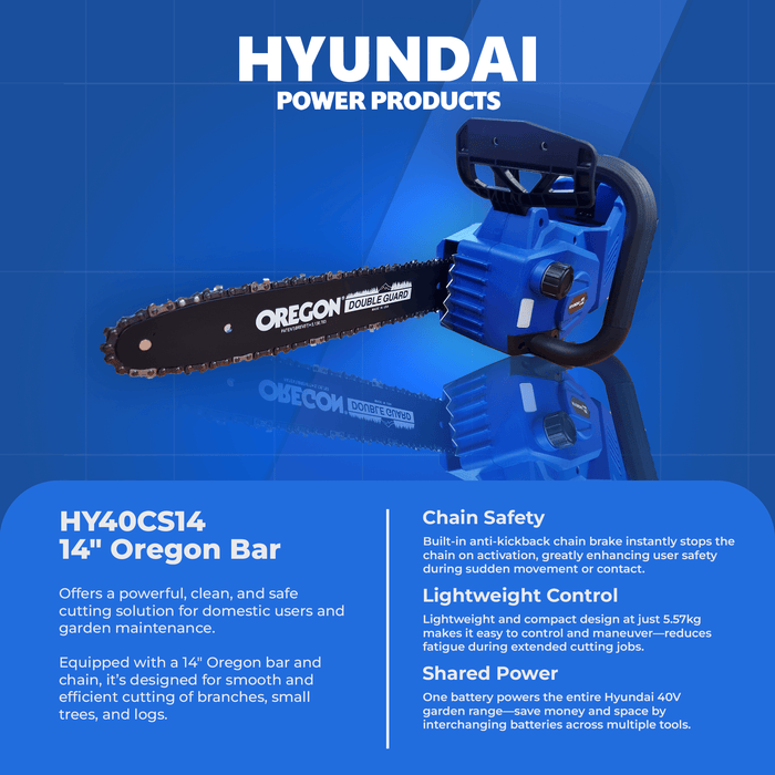 Hyundai 40V Battery Chainsaw Starter Kit – 14" Oregon Bar, 4Ah Battery + Charger, Safe & Eco-Friendly (HY40CS14)