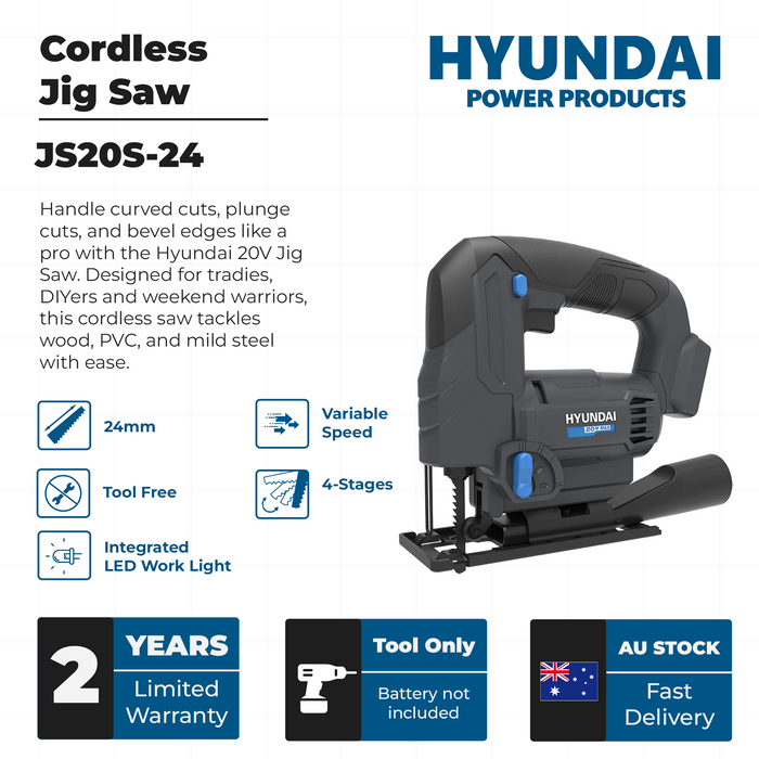 Hyundai 20V Cordless Jig Saw – Variable Speed, Tool-Free Blade, 45° Bevel, Dust Adapter - SKIN ONLY (JS20S-24)