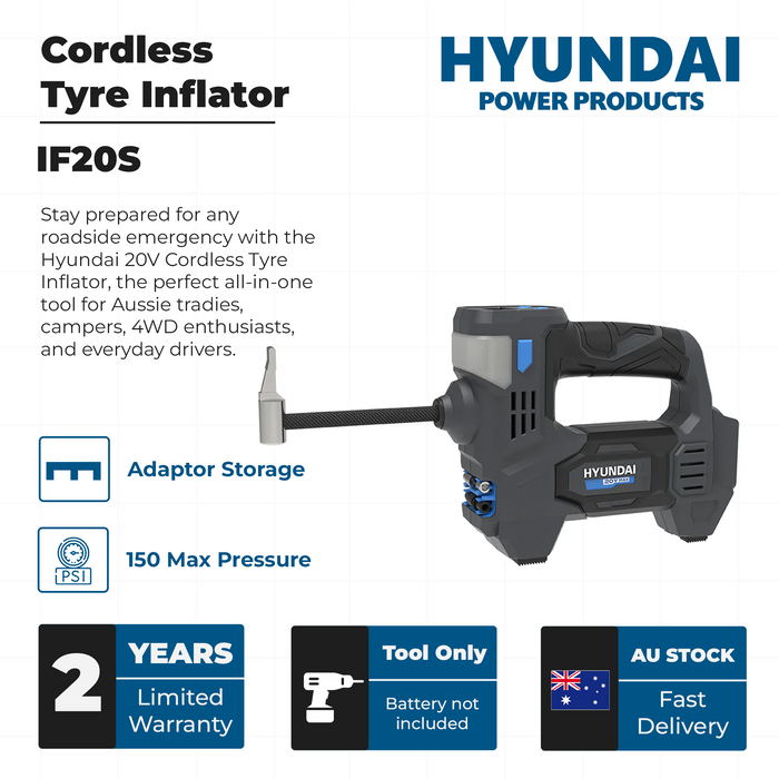 Hyundai 20V Cordless Tyre Inflator – Digital PSI Gauge, Auto Shutoff, Work Light & Emergency Beacon – SKIN ONLY (IF20S)