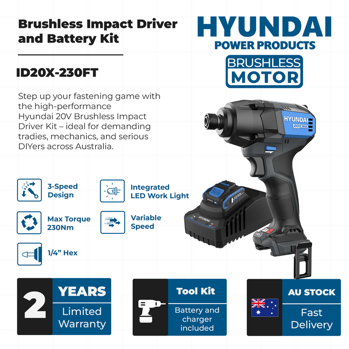 Hyundai 20V Brushless Impact Driver Kit – 230Nm, 3-Speed, LED, 4Ah Battery & Charger (ID20X-230FT)
