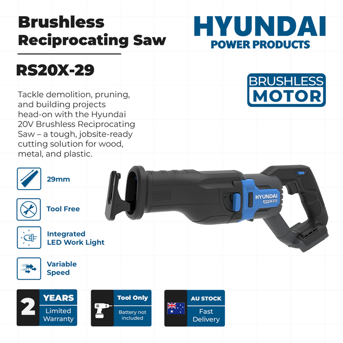 Hyundai 20V Brushless Reciprocating Saw – 300mm Cut, Tool-Free Blade Change - SKIN ONLY (RS20X-29)